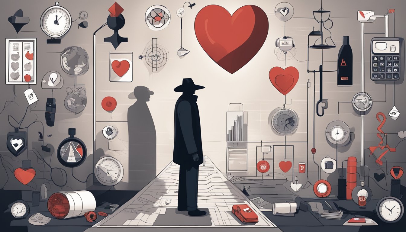 A dark, shadowy figure looms over a collection of ominous symbols representing risk factors such as heart disease, diabetes, and hypertension