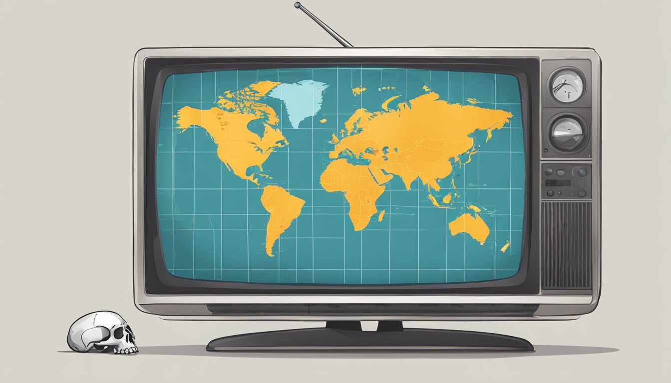 A world map with a TV screen showing a skull and crossbones