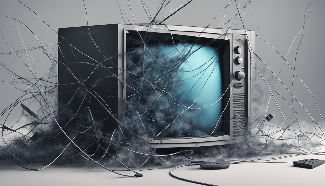 A shattered TV lies on the ground, surrounded by frayed wires and smoke