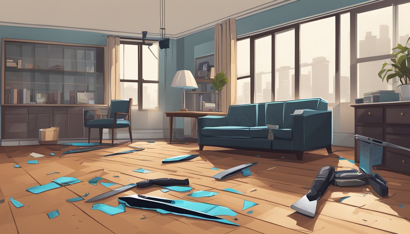 A crime scene with a bloodied knife on the floor, overturned furniture, and a shattered window