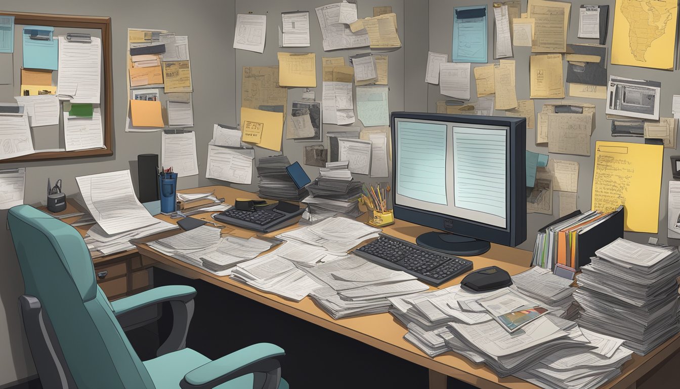 A cluttered desk with scattered case files, a TV showing crime scene footage, and a bulletin board filled with theme-related images