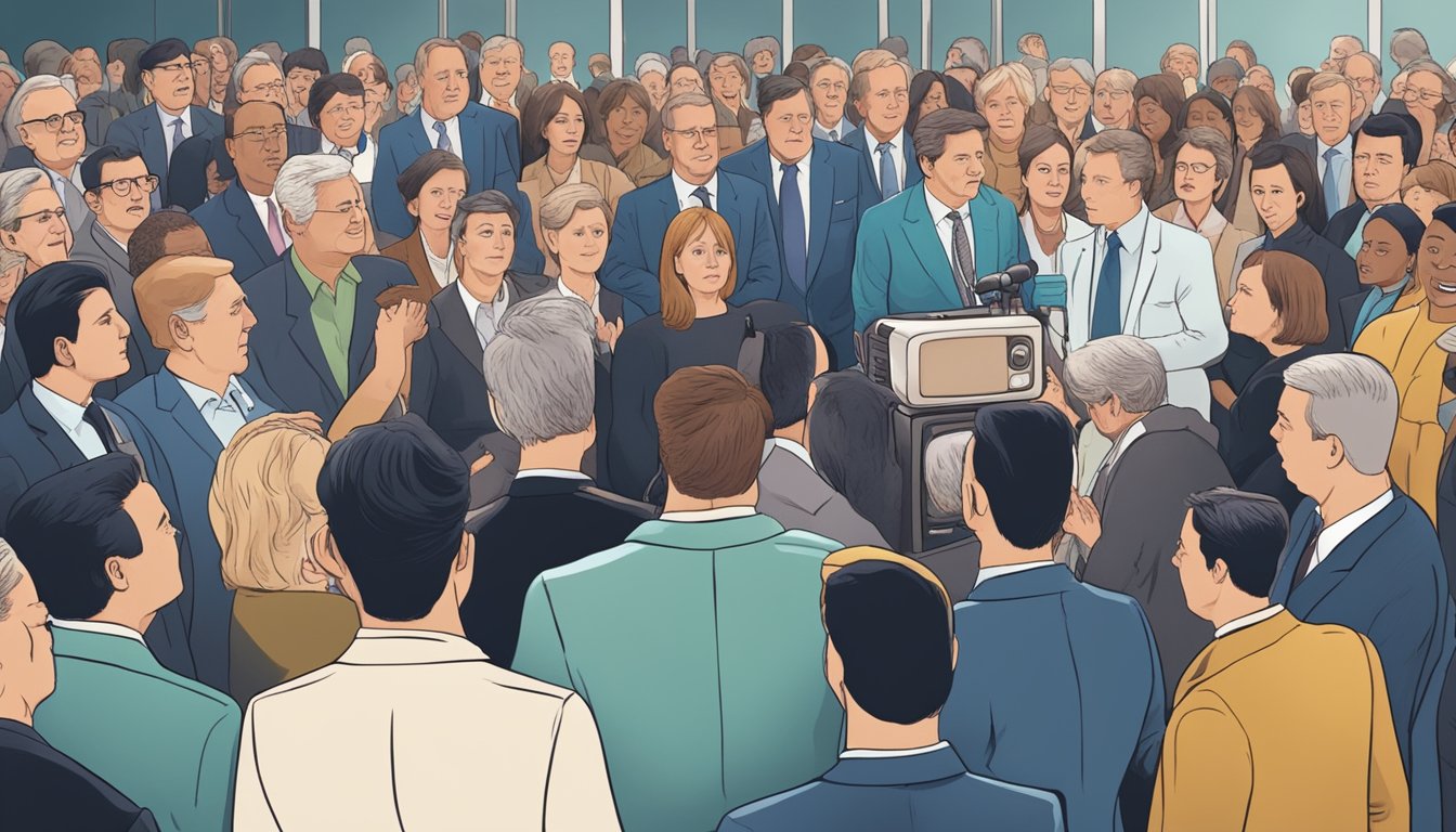 A TV broadcasting news of a high-profile cause of death, surrounded by a crowd of shocked and emotional onlookers at a public reception