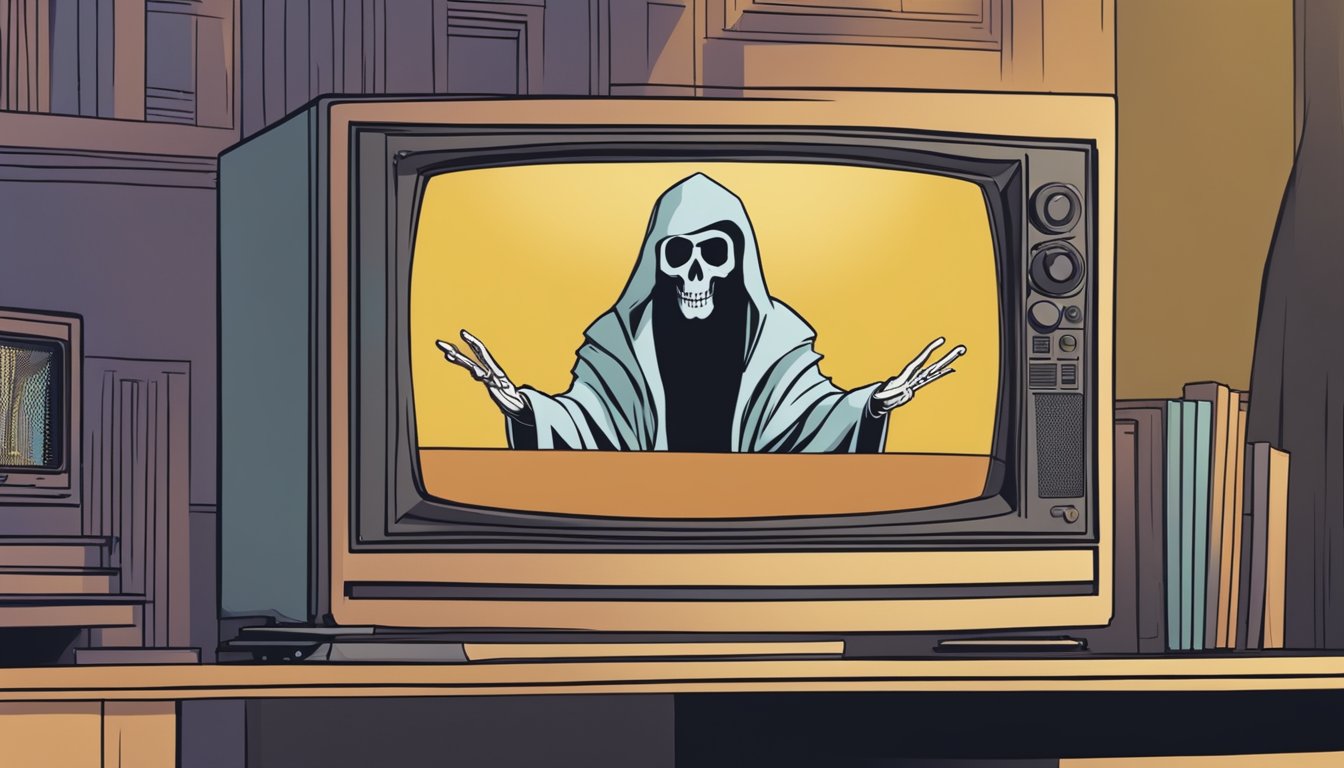 A grim reaper figure stands in front of a television displaying the "Cause of Death" show on Channel 5, surrounded by eerie shadows