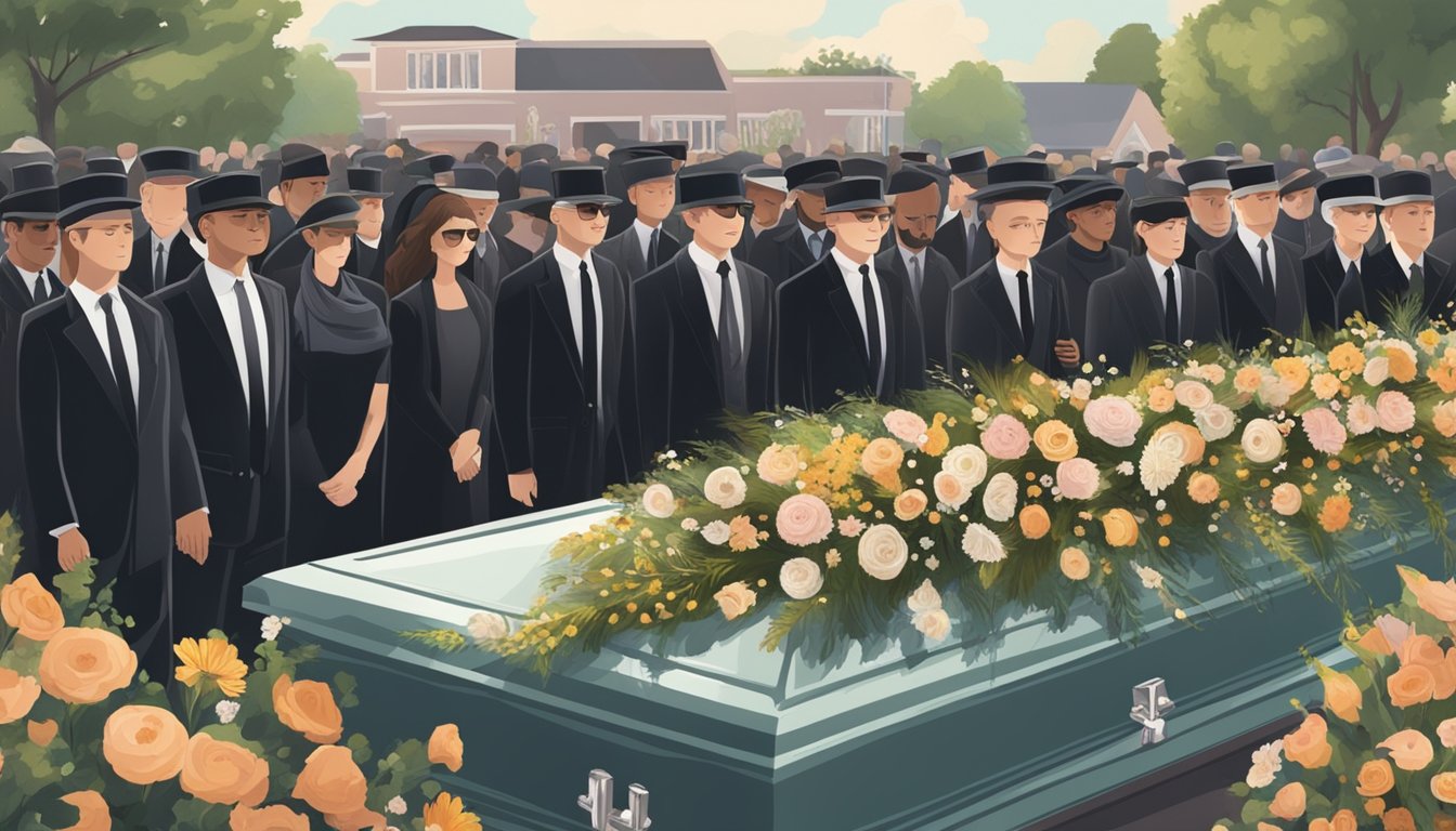 A somber funeral procession with mourners gathered around a casket, surrounded by flowers and wreaths