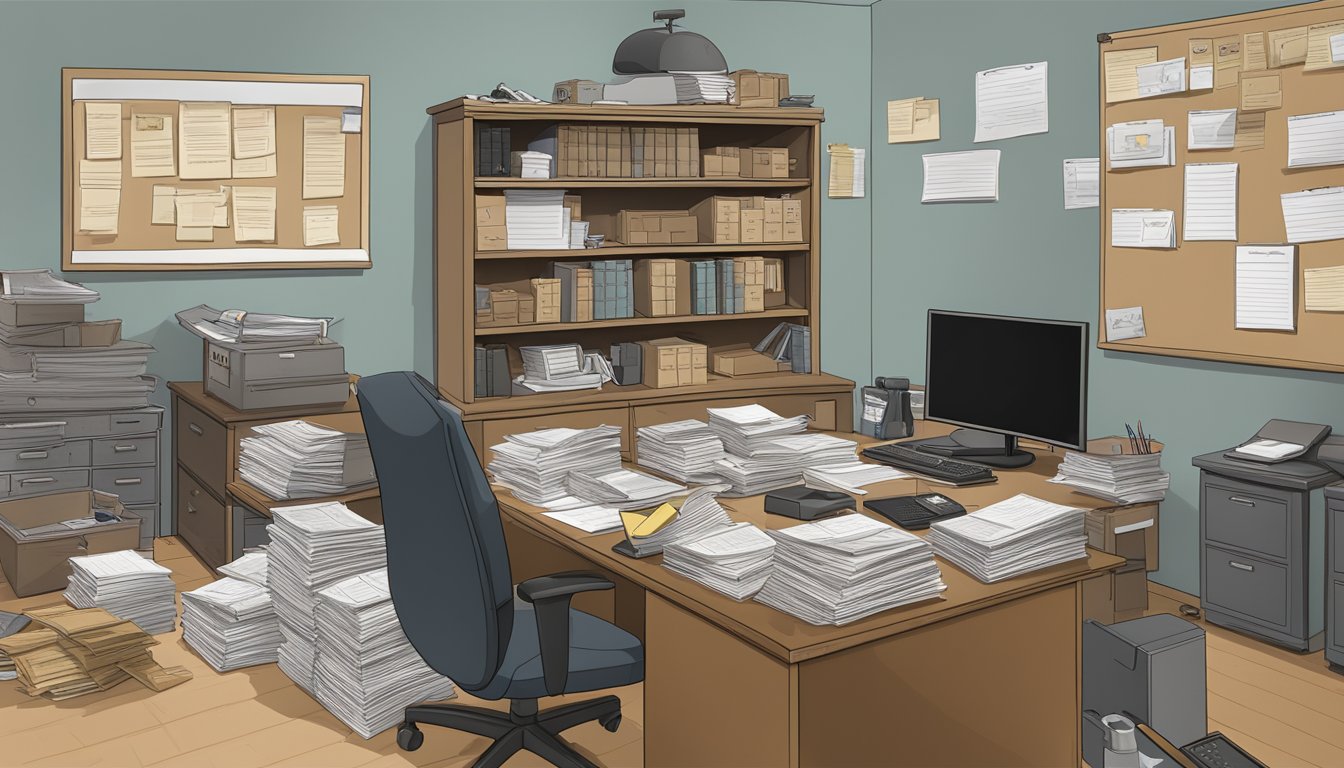 A detective's office with scattered files, a corkboard with evidence, and a computer screen displaying a list of key personnel and their causes of death