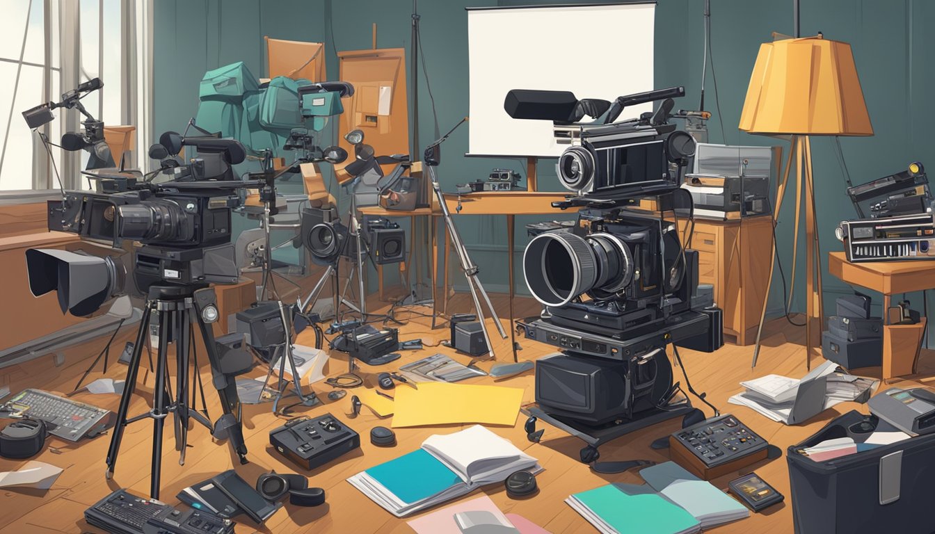 A cluttered film set with cameras, lighting equipment, and props scattered around. A director's chair sits empty in the center