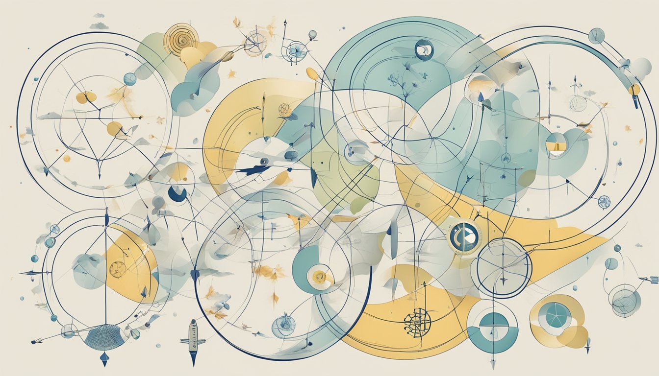 A series of interconnected circles with various symbols and arrows representing different causes of death