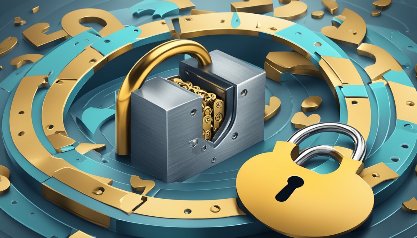 A locked padlock surrounded by swirling question marks and a shield, symbolizing ethical and privacy considerations