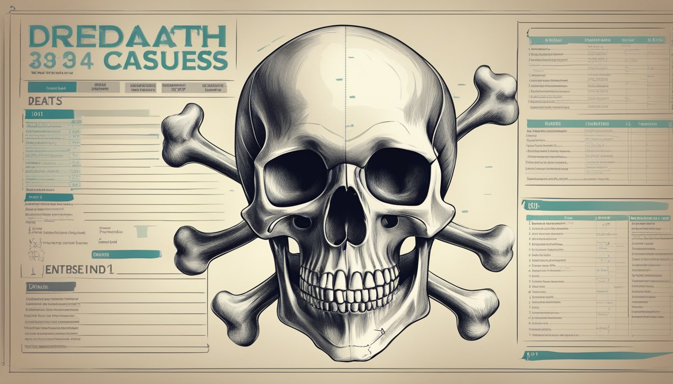 A skull and crossbones symbol with a medical chart and a list of specific causes of death