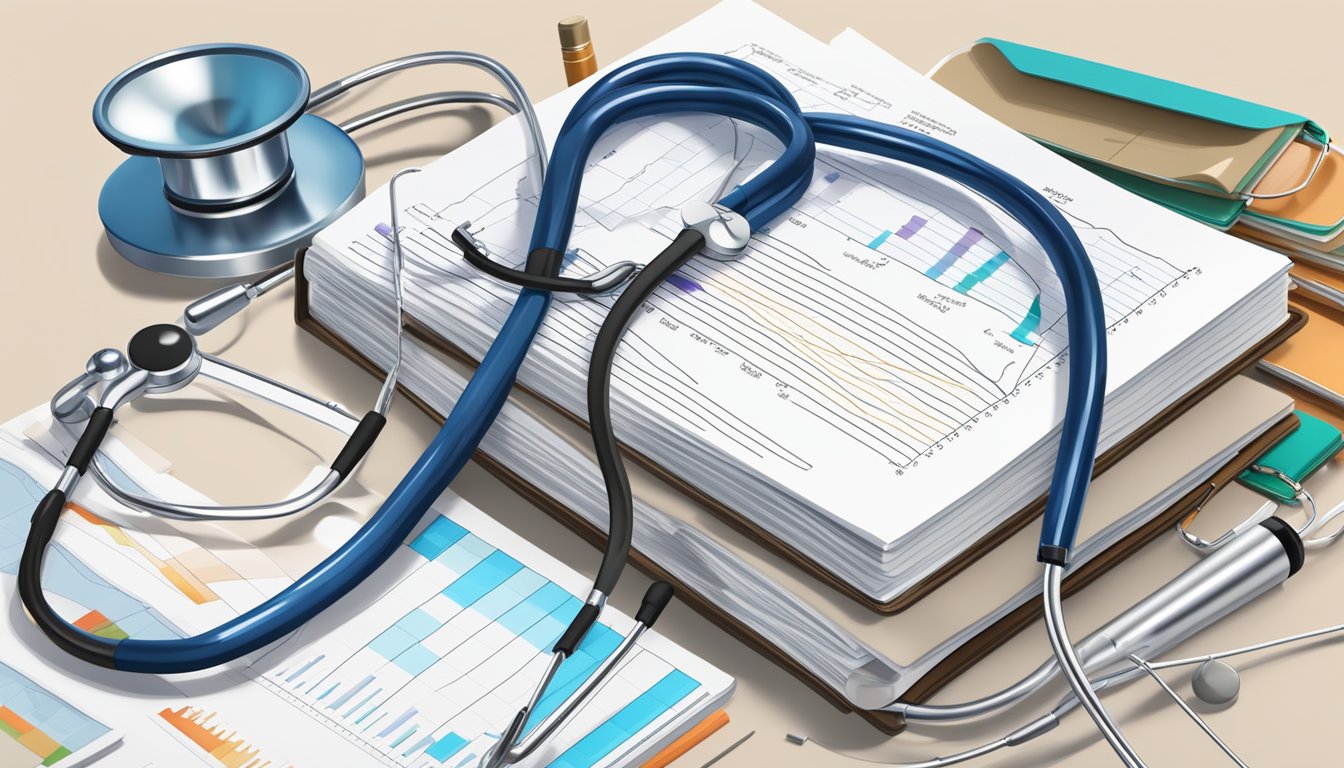 A stack of medical textbooks surrounded by a stethoscope and a clipboard with charts and graphs