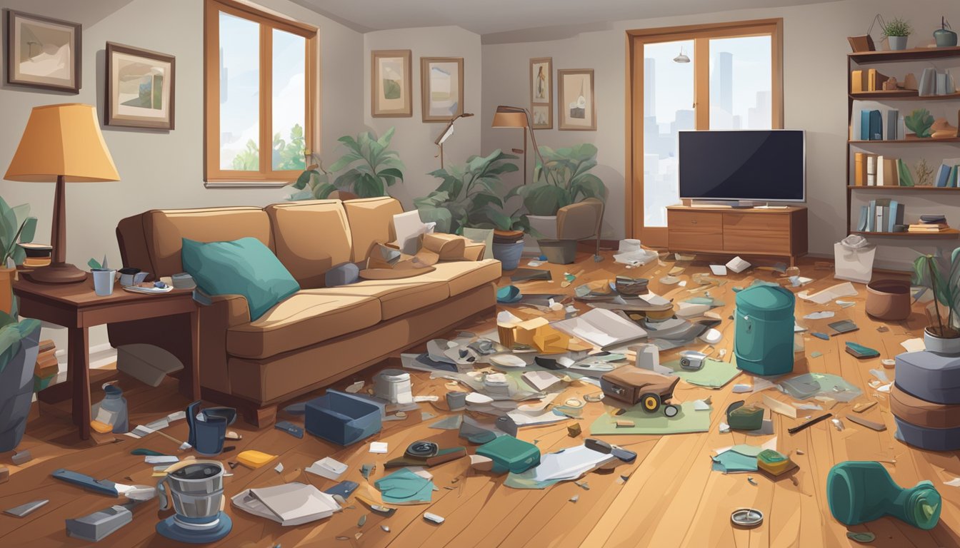 A cluttered living room with scattered objects and a slippery floor, leading to a fall hazard for elderly individuals