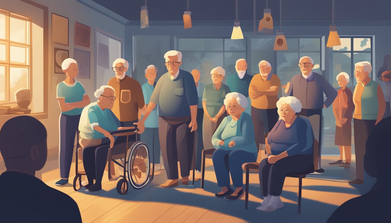 A dark shadow looming over a group of elderly individuals, surrounded by images of unhealthy habits and warning signs. A bright light shines on a path leading to exercise and healthy lifestyle choices