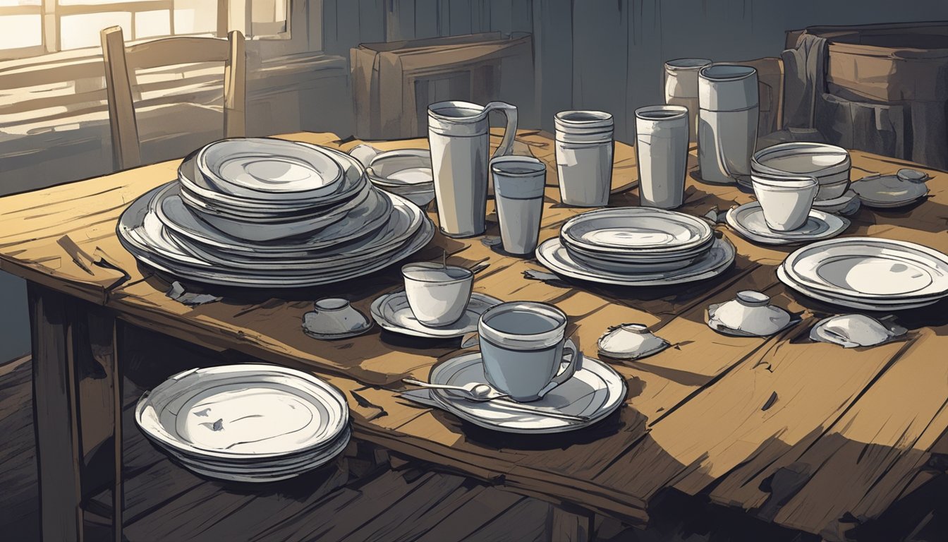 A table set with empty plates and cups, surrounded by tattered clothing and worn-out shoes. A dimly lit room with a sense of poverty and scarcity