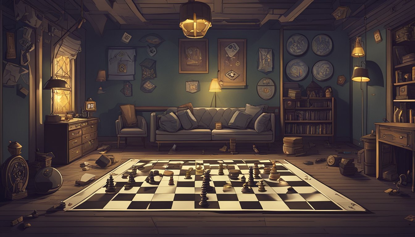 A dimly lit room with a game board and various game pieces scattered on the floor, surrounded by ominous symbols and eerie decorations