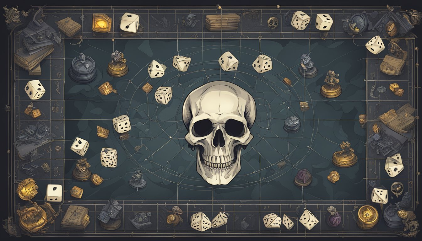 A dark, ominous game board with a skull-shaped dice, surrounded by eerie symbols and deadly traps