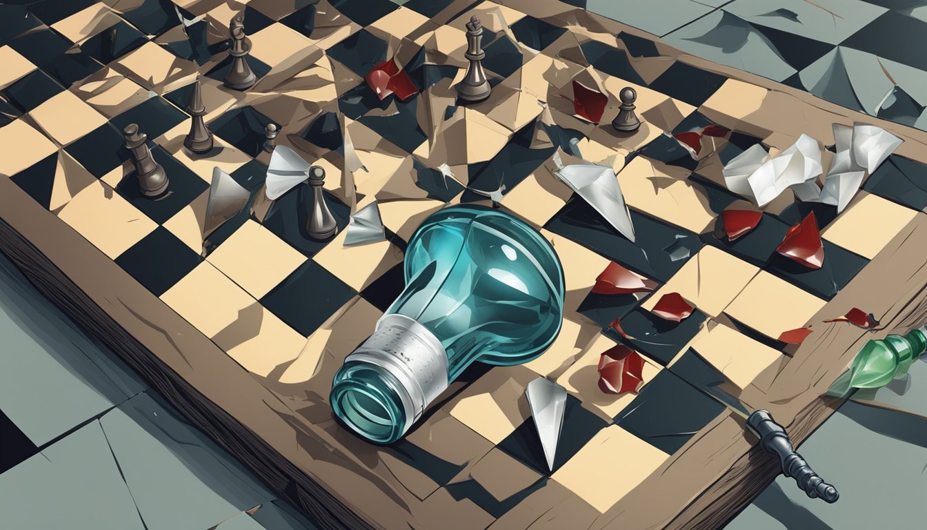 A broken chessboard with toppled pieces, a shattered glass bottle, and a blood-stained dagger lying on the ground