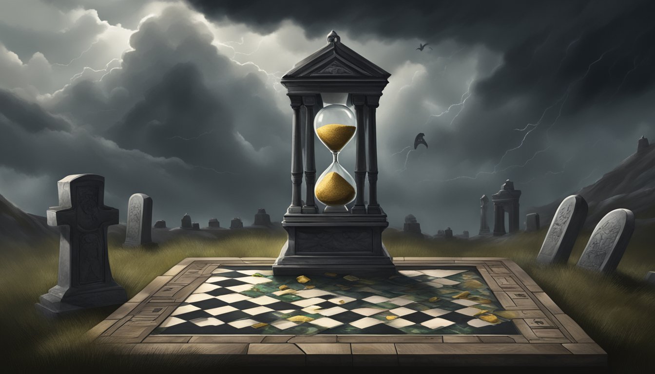 A game board with a tombstone and a shattered hourglass, surrounded by dark, foreboding clouds