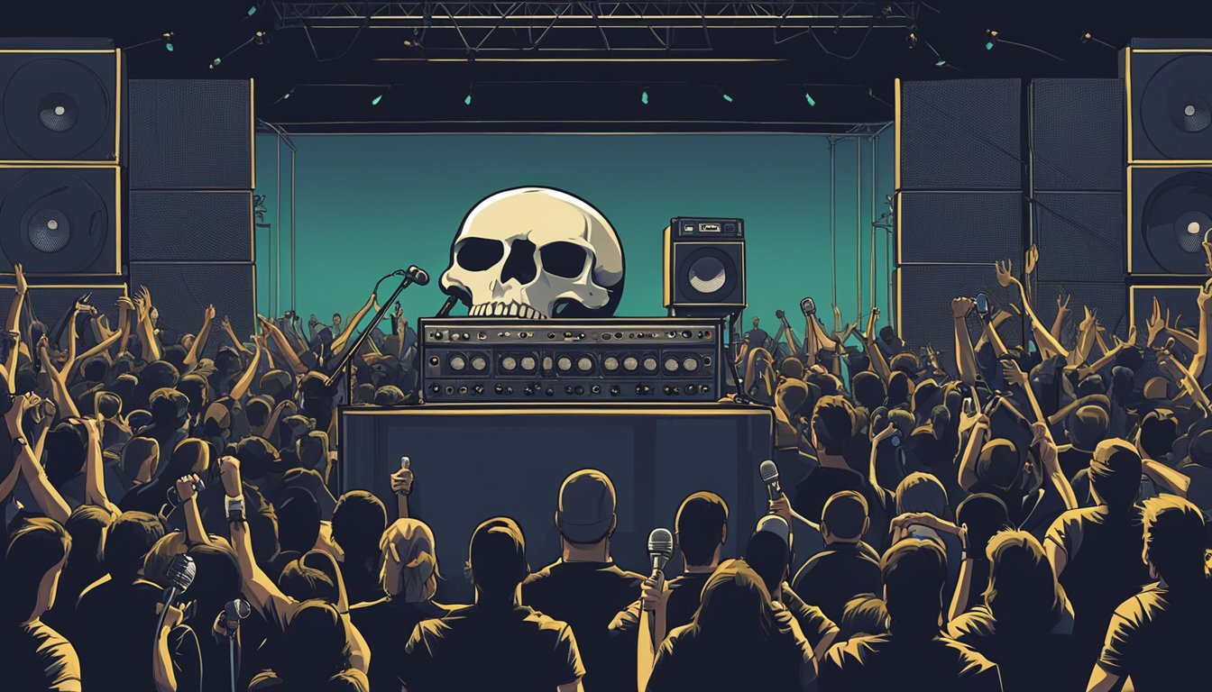 A dark stage with a skull-adorned microphone stand, surrounded by towering amplifiers and a crowd of headbanging fans