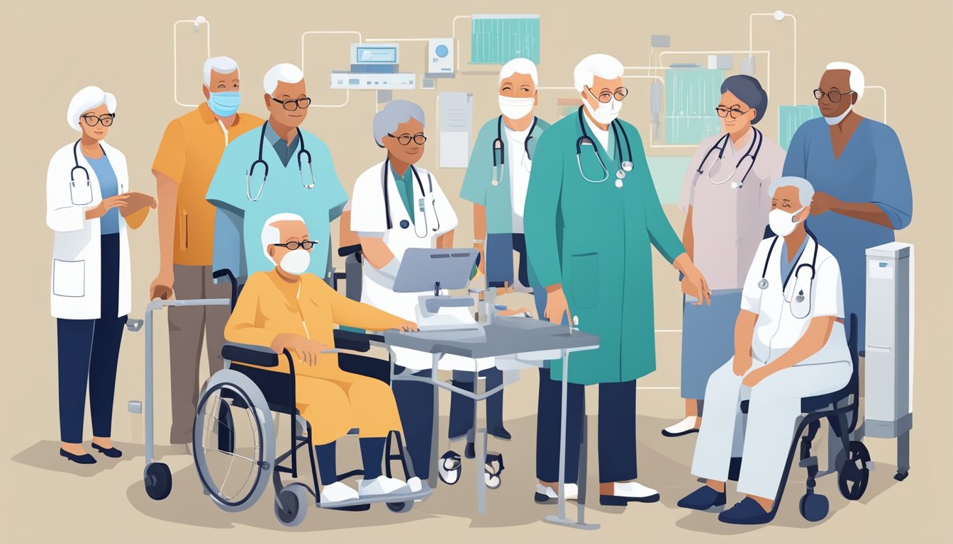 A group of diverse elderly individuals surrounded by medical equipment and charts, representing the demographic variations in leading causes of death