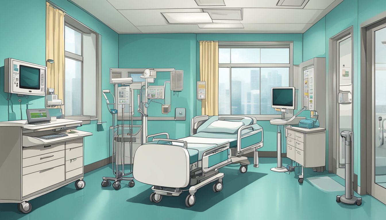 A hospital room with modern medical equipment and charts displaying healthcare policies for seniors